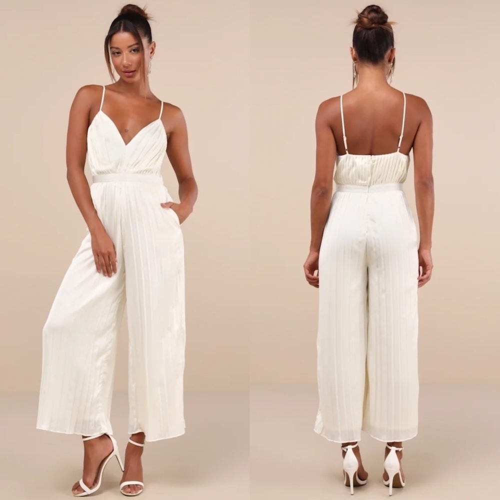 Lulus Stellar Poise Ivory Pleated Satin Wide-Leg Jumpsuit XL Wedding Party